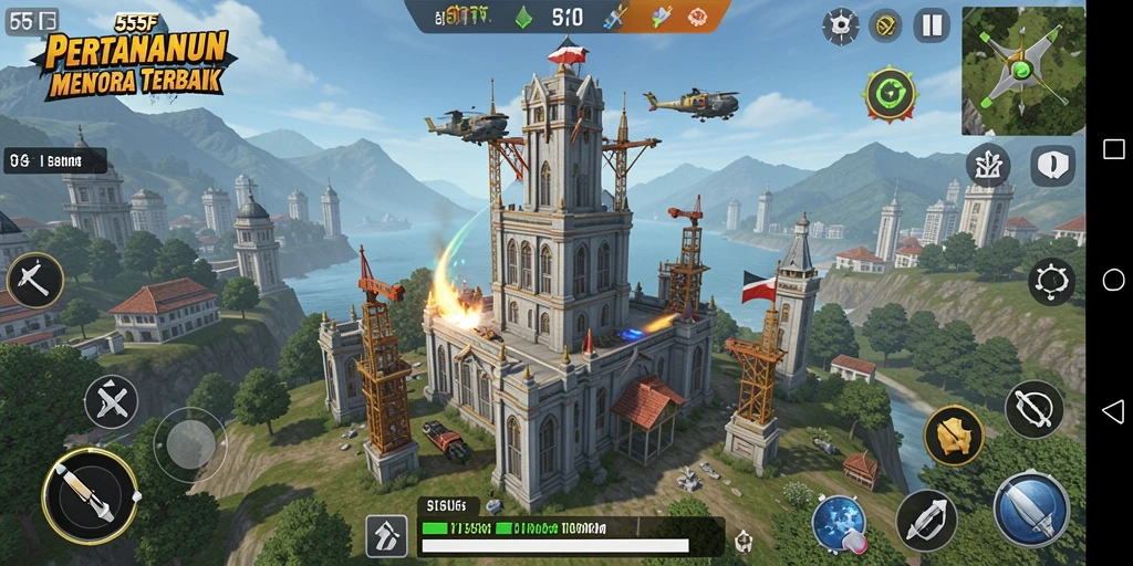 Screenshot utama 555F menunjukkan aksi mendebarkan dalam Tower Defense.