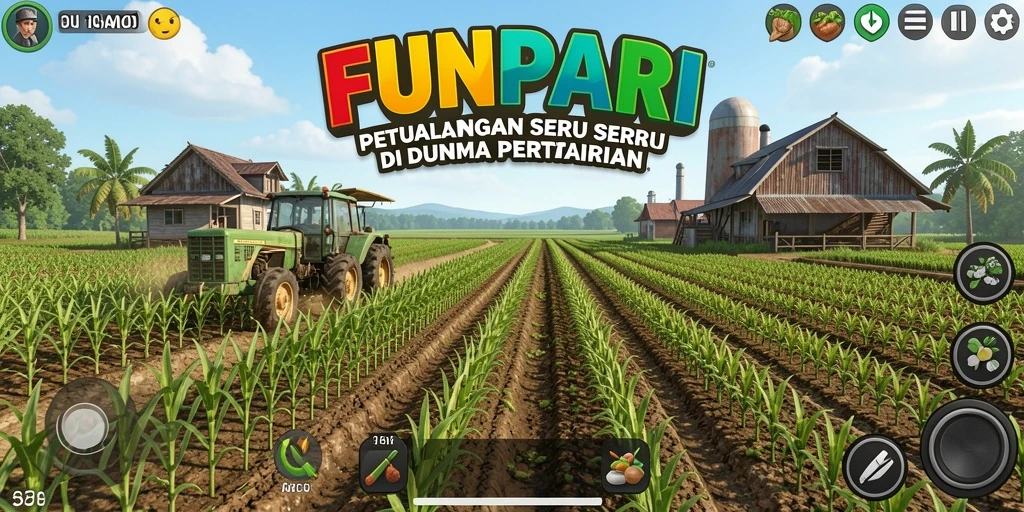 Tangkapan layar gameplay seru dari FUNPARI yang menunjukkan aktivitas bertani.