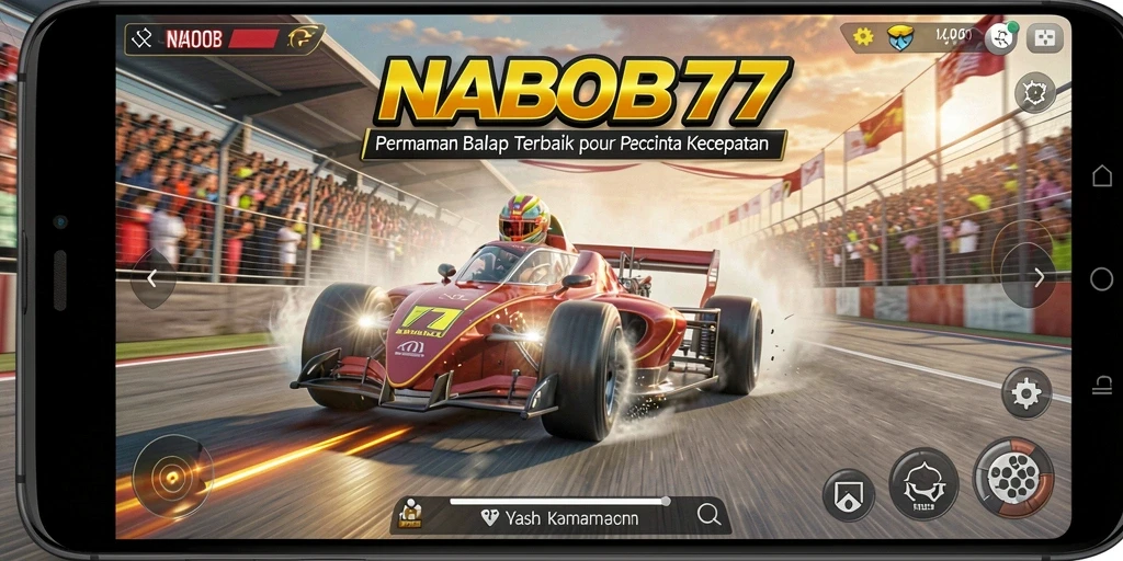Tampilan gameplay NABOB77 dengan lintasan mendebarkan dan mobil balap yang cepat.
