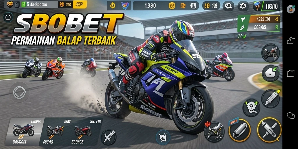 Screenshot gameplay <strong>SBOBET</strong> menampilkan aksi balapan motor yang cepat dan seru.