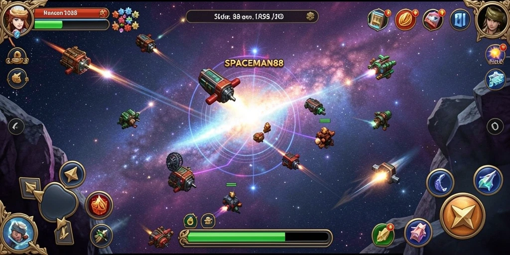 Tampilan gameplay menegangkan dalam SPACEMAN88, menunjukkan strategi tower defense yang seru.