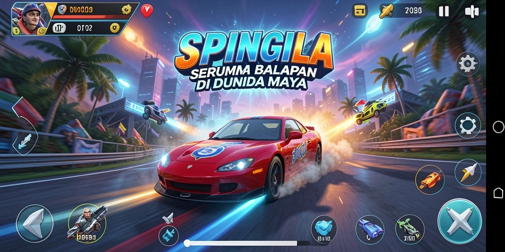 Tampilan gameplay SPINGILA yang menampilkan balapan seru di trek yang menantang.